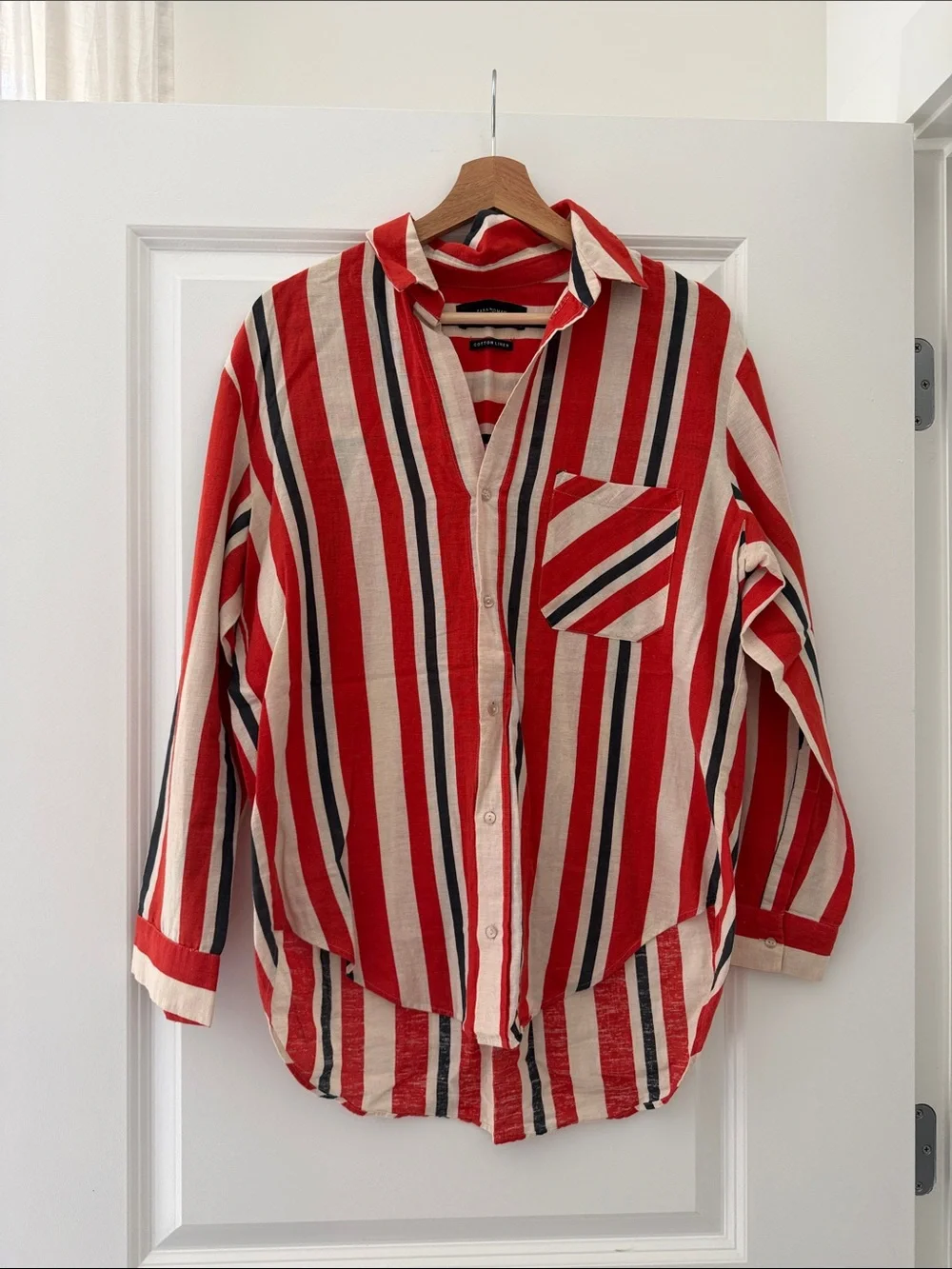 Zara Red Cream and Navy Striped Button-Down Shirt